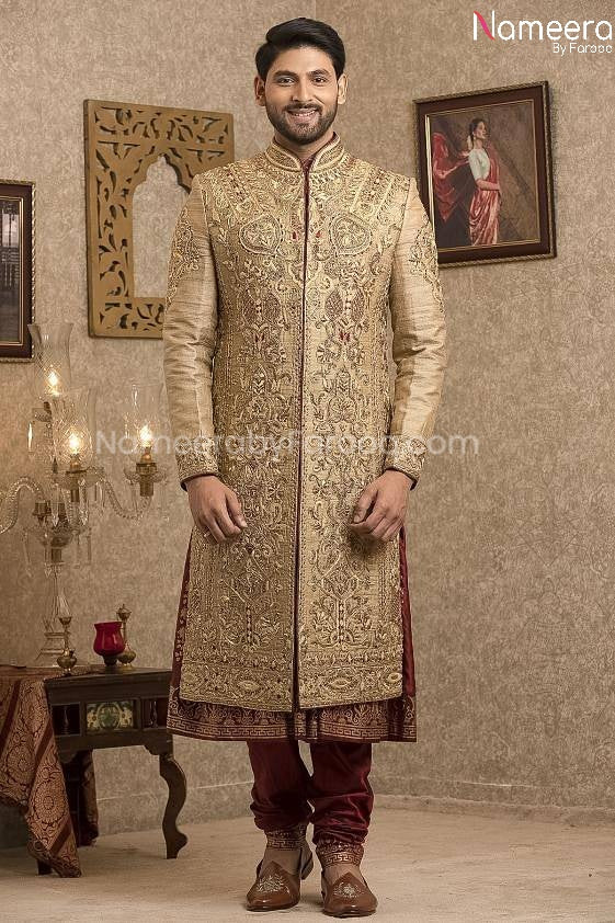 Pakistani Gold Sherwani for Groom with Red Shawl 