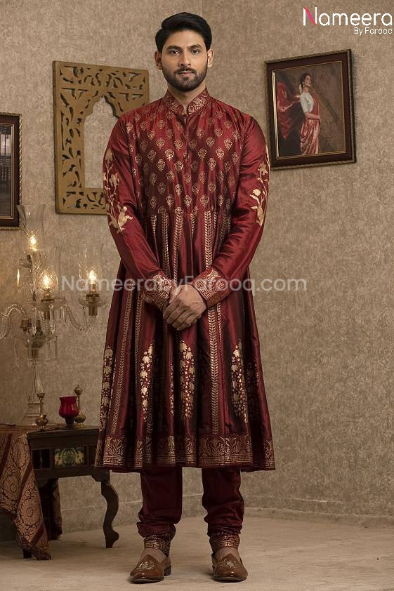 Pakistani Gold Sherwani for Groom with Red Shawl Inner