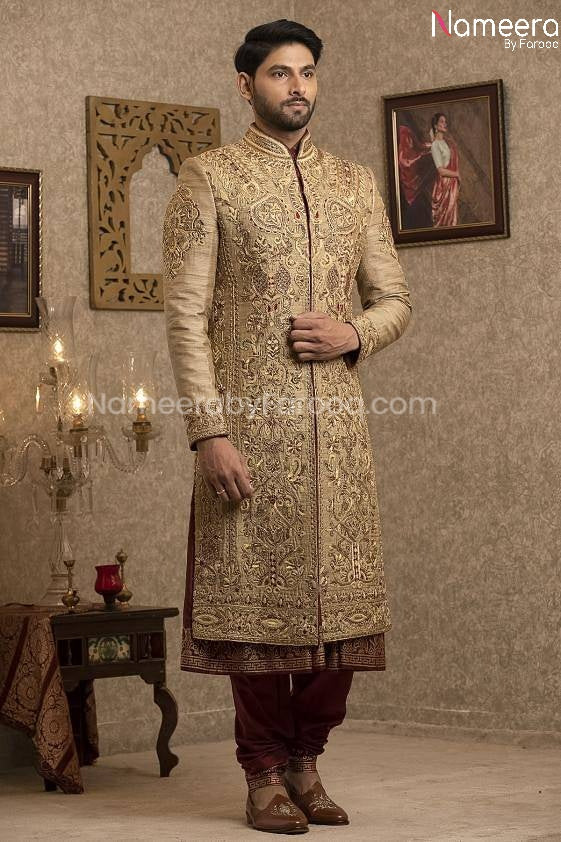 Pakistani Gold Sherwani for Groom with Red Shawl Overall Look
