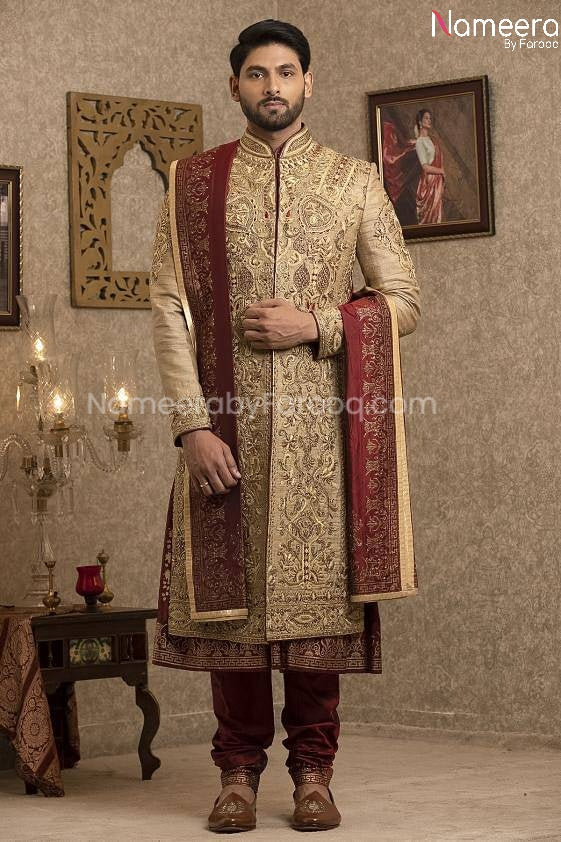 Buy Pakistani Gold Sherwani for Groom with Red Shawl Online