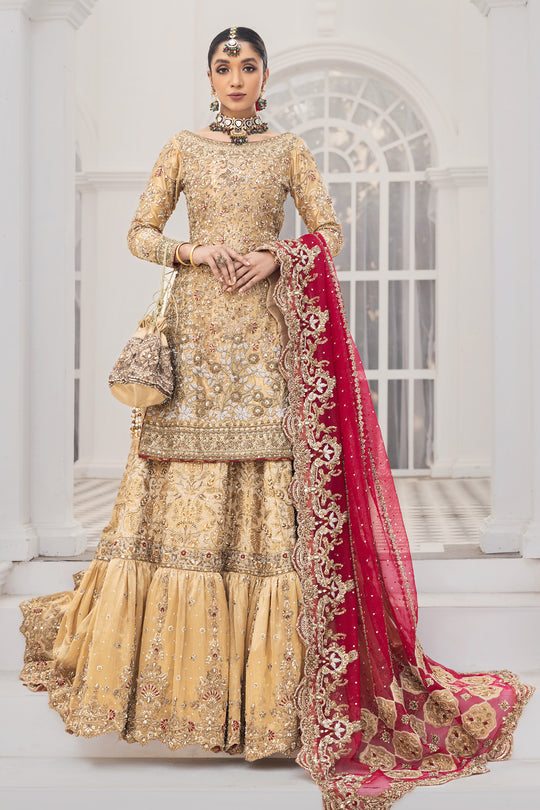 Pakistani Gold Wedding Dress in Gharara Kameez Style Online CUSTOM SIZES Pakistani Gold Wedding Dress in Gharara Kameez Style Online CUSTOM SIZES