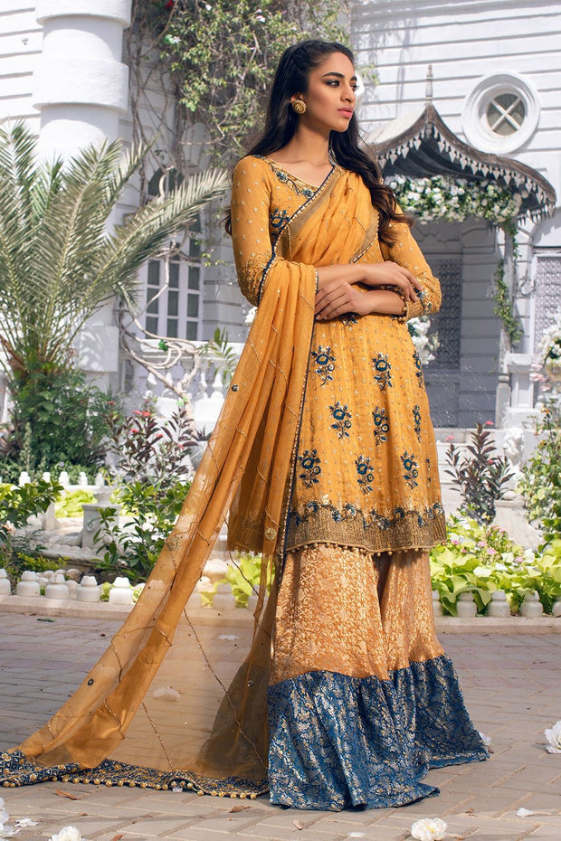 Pakistani Golden Lehenga with Frock Mehndi Dress for Bride