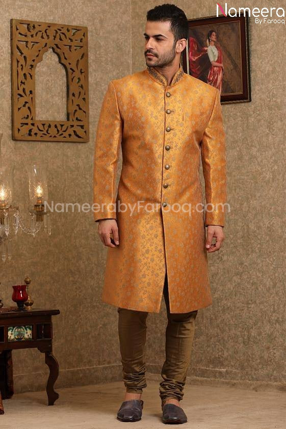 Pakistani Golden Sherwani for Wedding Online Front Look
