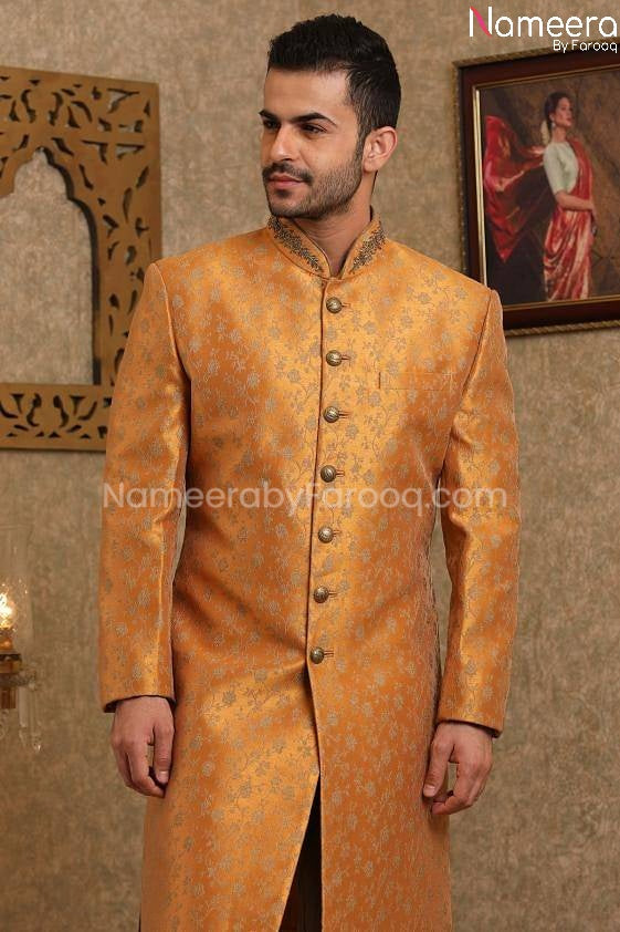 Pakistani Golden Sherwani for Wedding Online close up view