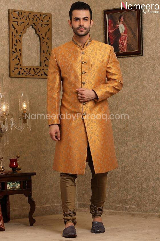 Pakistani Golden Sherwani for Wedding Online 