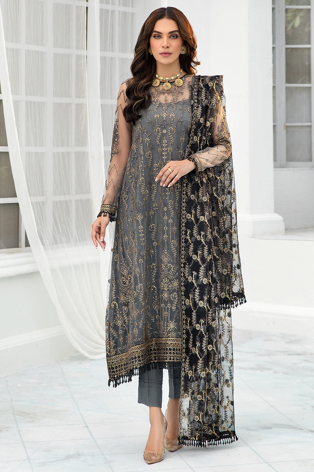 Pakistani Graphite Embroidered Kameez Capri Party Wear