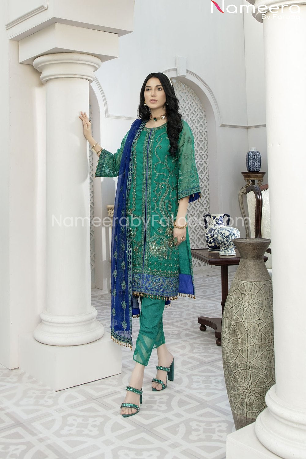 Pakistani Green Chiffon Dress for Wedding Party 