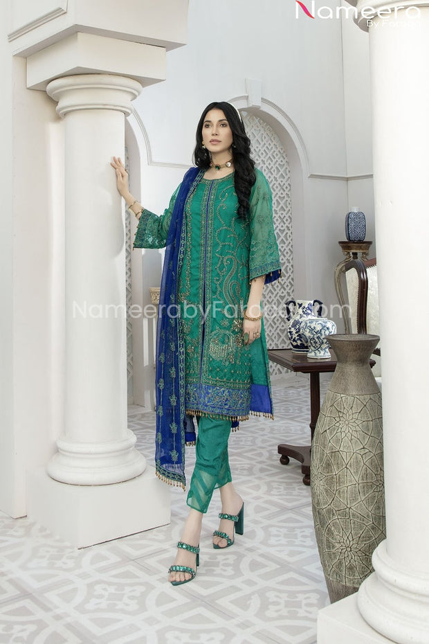 Pakistani Green Chiffon Dress for Wedding Party 