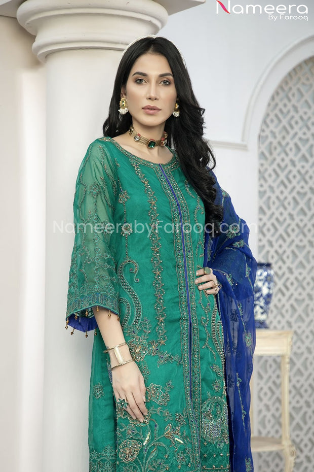 Pakistani Green Chiffon Dress for Wedding Party Close Look