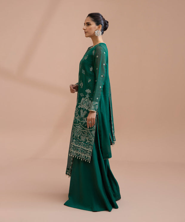 Pakistani Green Dress in Kameez Trouser Style for Eid Online