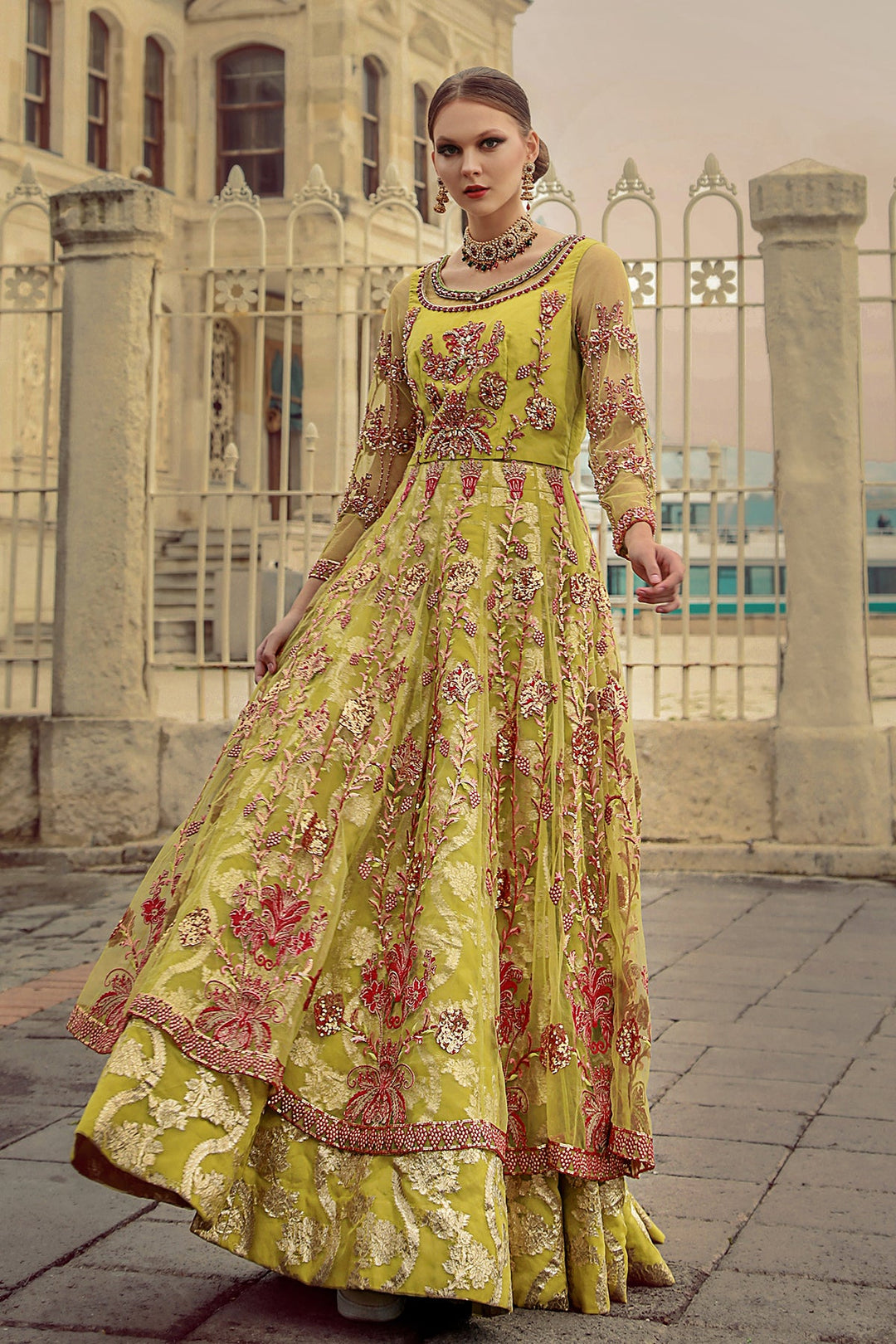 Pakistani Green Dress in Lehenga Pishwas Style