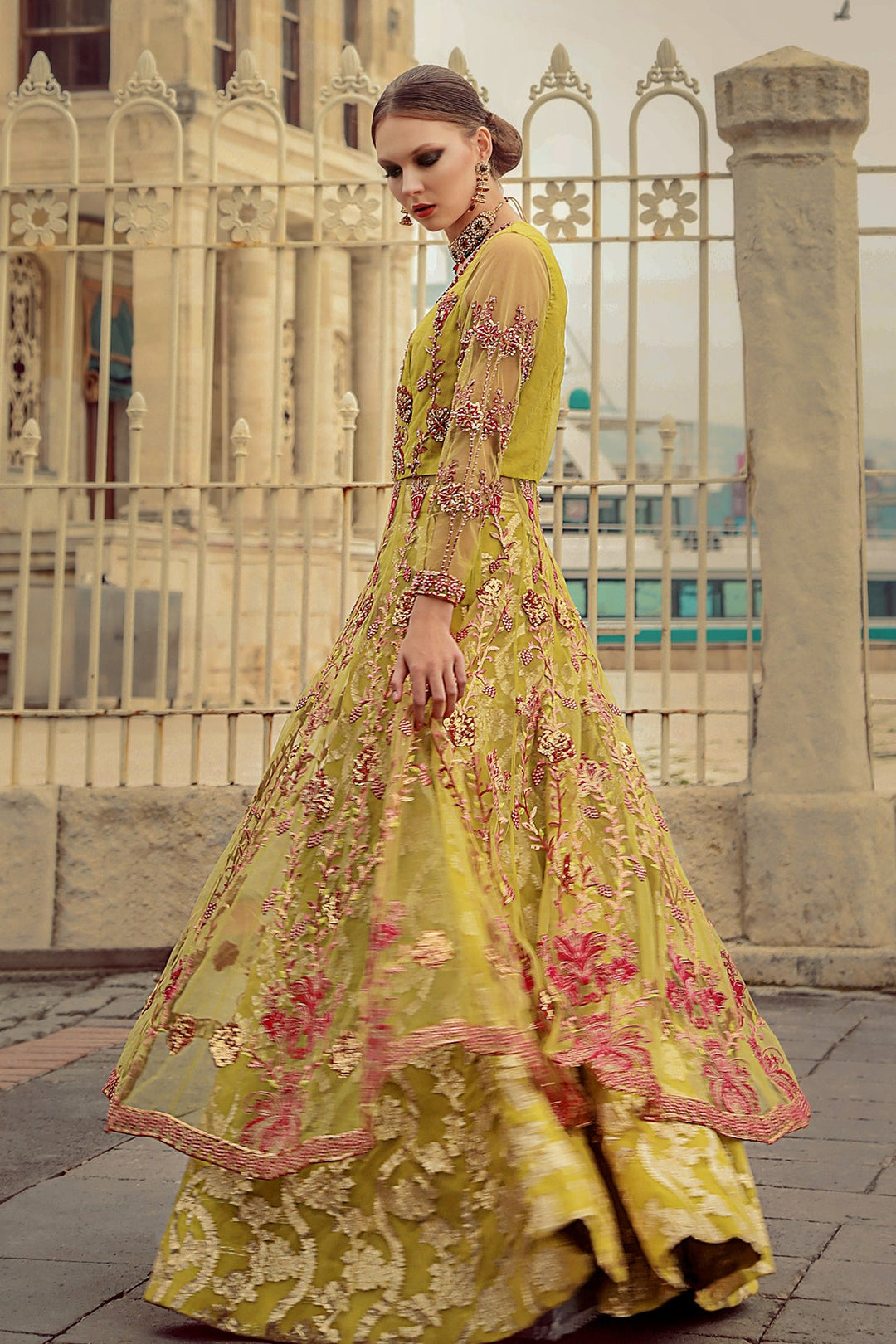 Pakistani Green Dress in Lehenga Pishwas Style Online