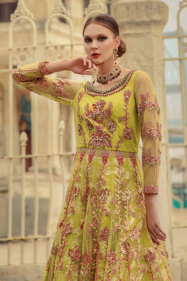 Pakistani Green Dress in Lehenga Pishwas Style for Bride
