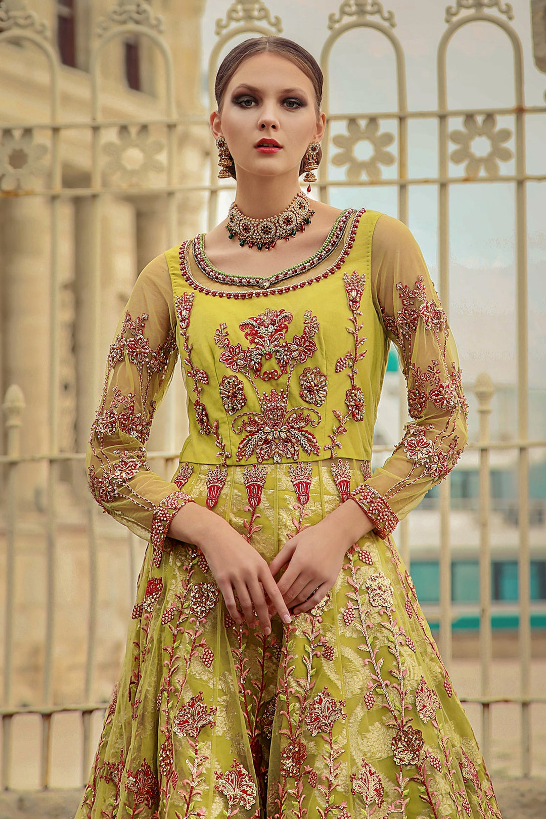 Pakistani Green Dress in Lehenga Pishwas Style for Mehndi