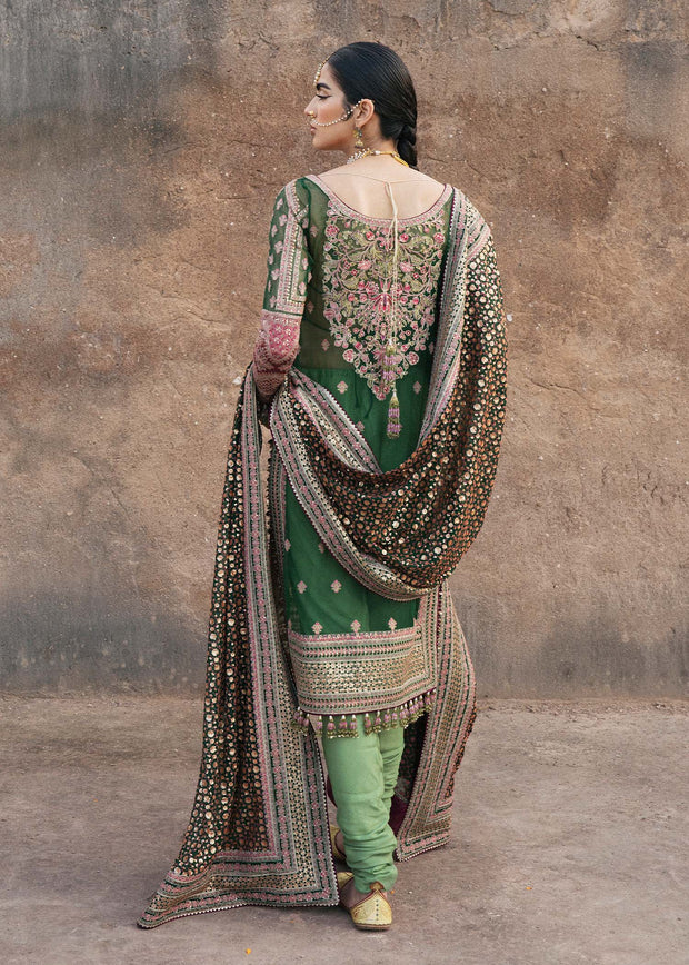Pakistani Green Wedding Dress in Kameez Trouser Dupatta Style