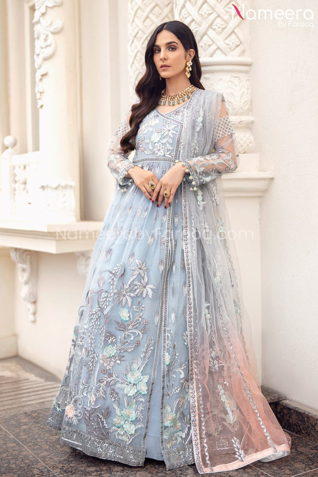Pakistani Grey Floral Maxi Dress for Party 2021 Online Nameera by Farooq Pakistani Grey Floral Maxi Dress for Party 2021 Online Nameera by Farooq