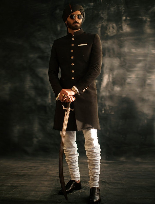 Pakistani Groom Black Sherwani for Wedding