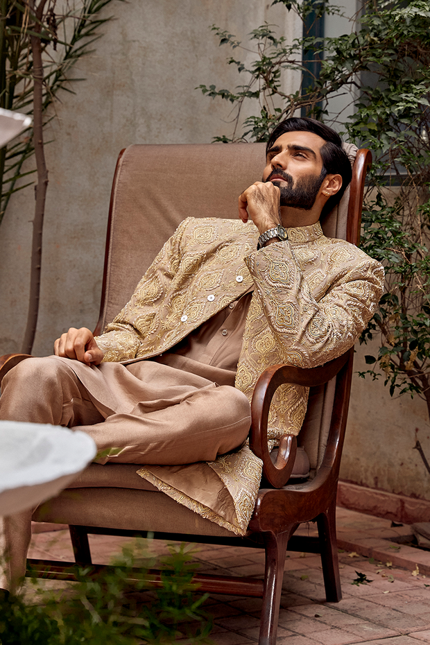 Pakistani Groom Dress in Karandi Sherwani Style