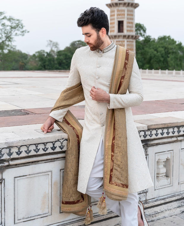 Pakistani Groom Dress in Sherwani Style with Shawl