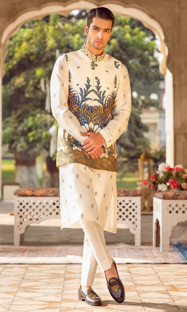Pakistani Groom Kurta Pajama and Waistcoat in White