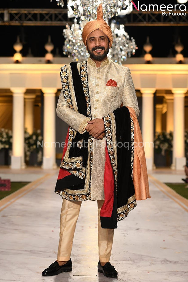 Pakistani Groom Sherwani with Shawl for Wedding