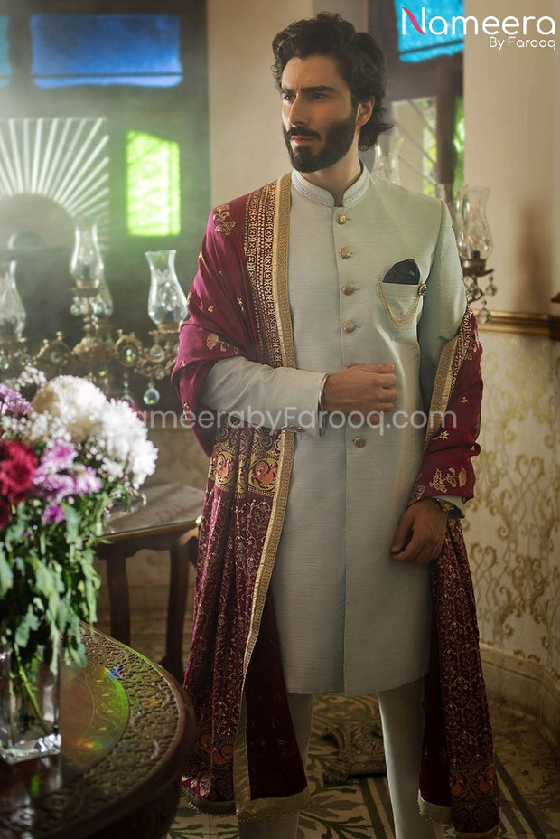 Pakistani Groom Wedding Dress In Sky Blue Color  Front Look