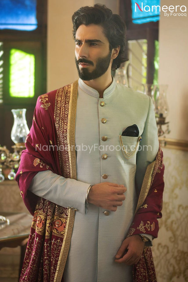 Pakistani Groom Wedding Dress In Sky Blue Color Close up Look