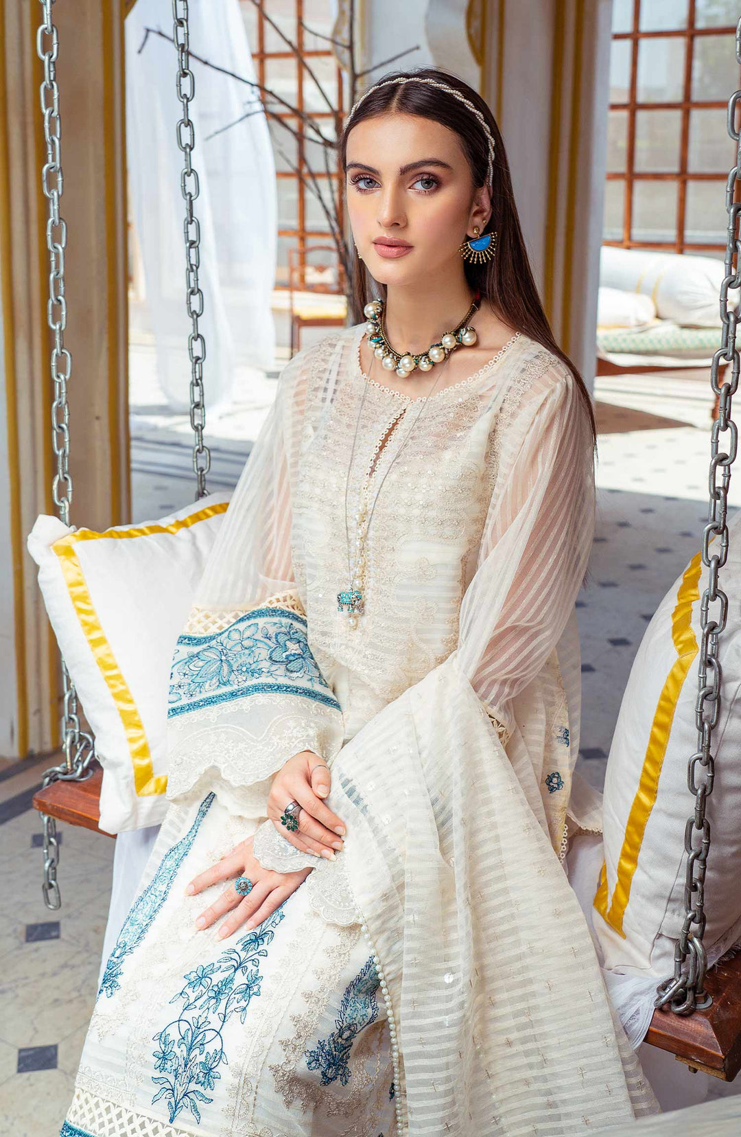 Pakistani Kameez Trouser Dupatta in Organza Fabric
