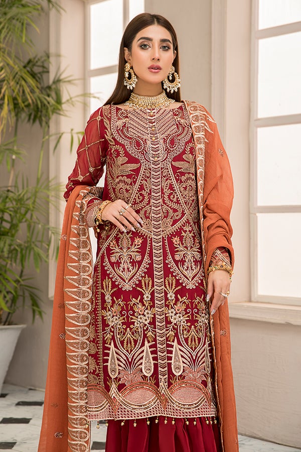 Pakistani Kameez with Sharara in Scarlet Shade 2022
