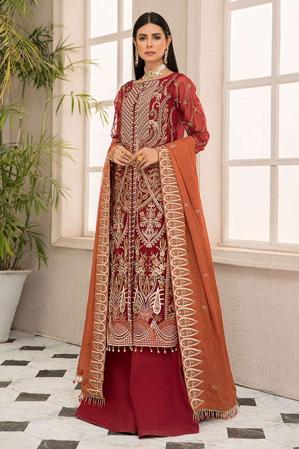 Pakistani Kameez with Sharara in Scarlet Shade Latest