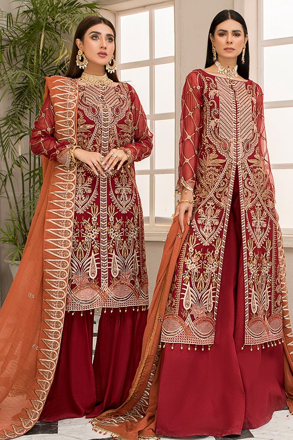 Pakistani Kameez with Sharara in Scarlet Shade Online
