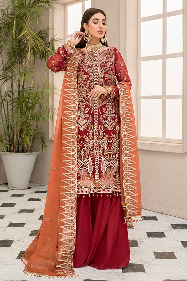 Pakistani Kameez with Sharara in Scarlet Shade