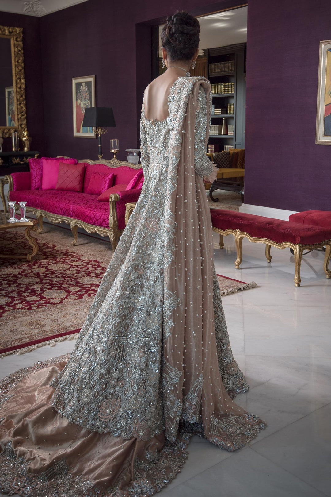 Pakistani Latest Bridal Maxi for Wedding in Peach Color Backside Look