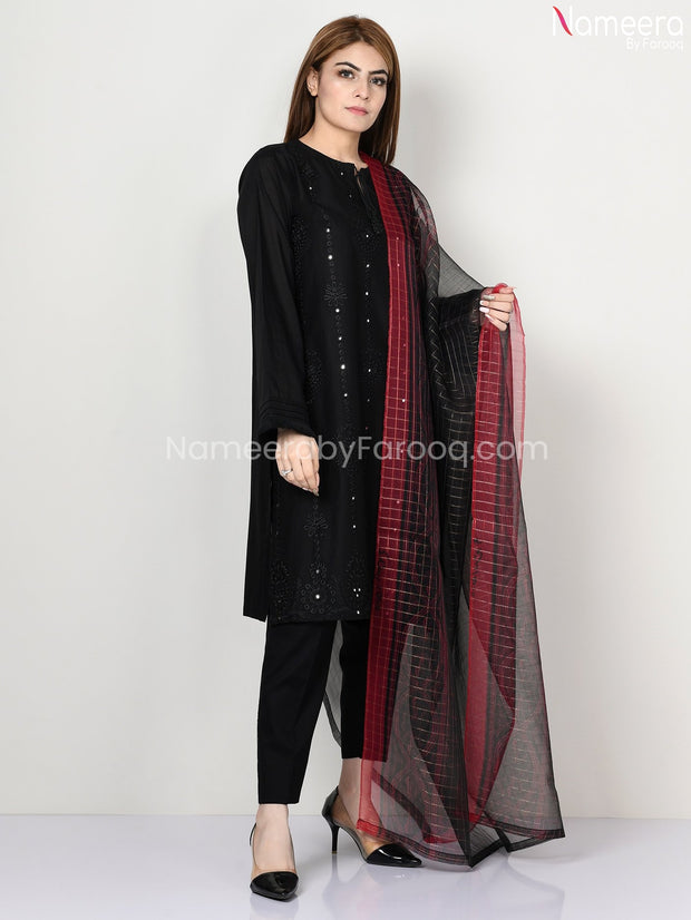 Pakistani Lawn Black Dress Suit With Embroidery #LR221