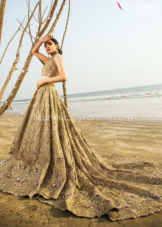 Pakistani Lehenga Choli for Bride in Copper Gold