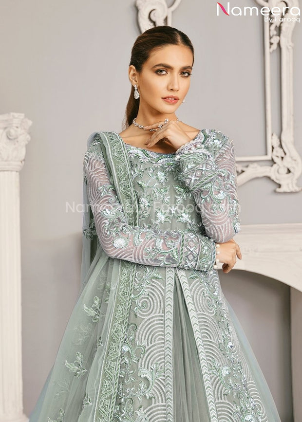 Pakistani Lehenga Dress with Open Shirt Online Neckline Embroidery