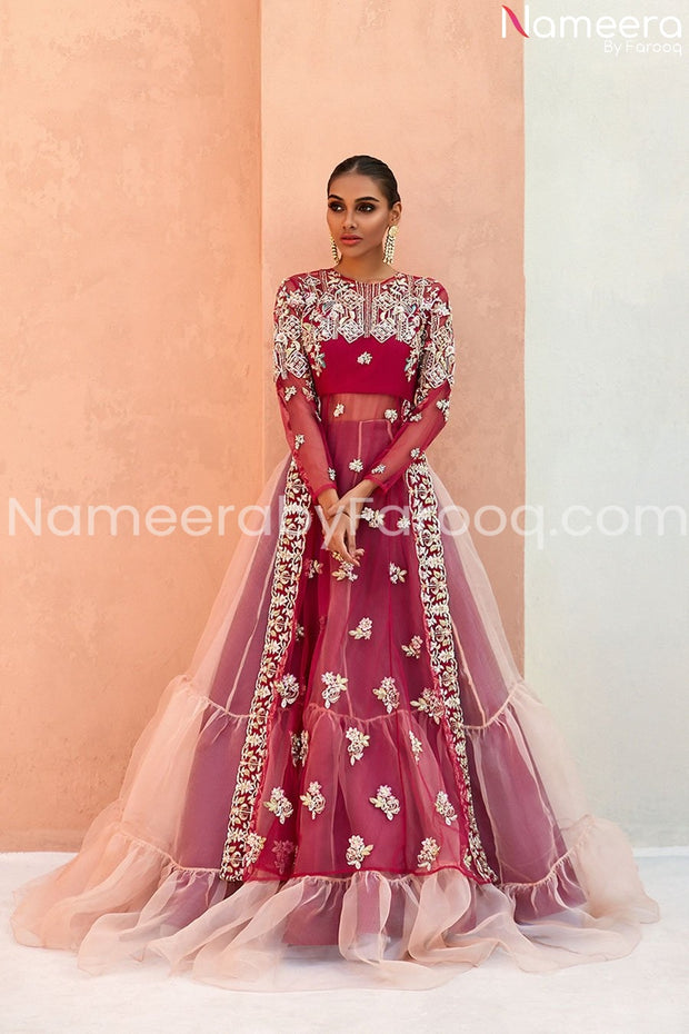 Pakistani Lehenga with Long Shirt in Maroon Color 