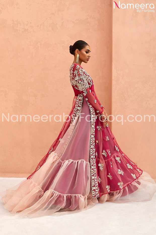 Pakistani Lehenga with Long Shirt in Maroon Color Side Pose