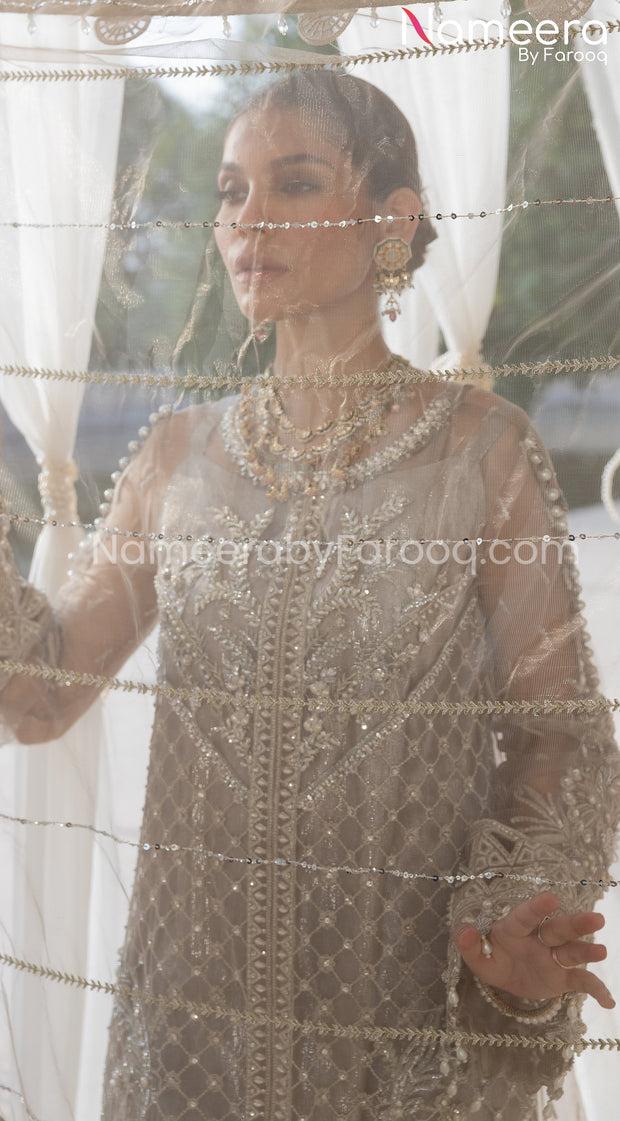 Pakistani Long Dress with Sharara in Grey Color 2021
