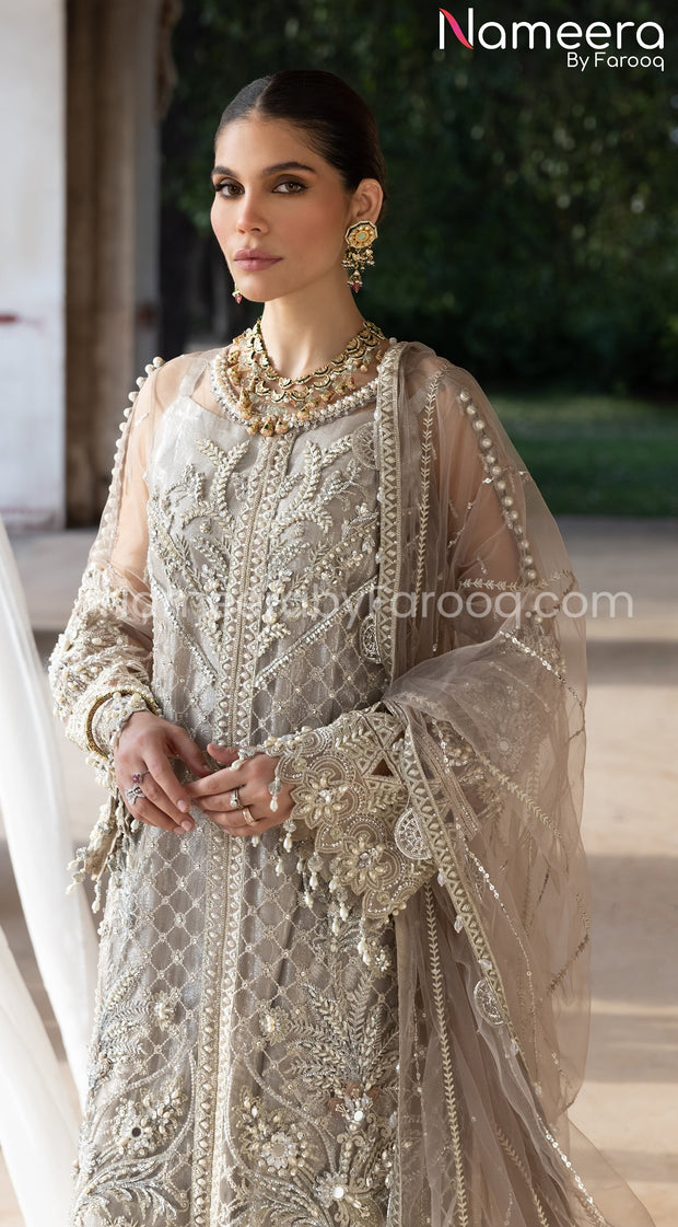 Pakistani Long Dress with Sharara in Grey Color Designer