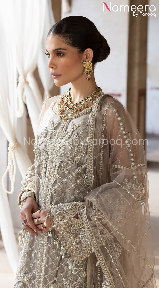 Pakistani Long Dress with Sharara in Grey Color Latest