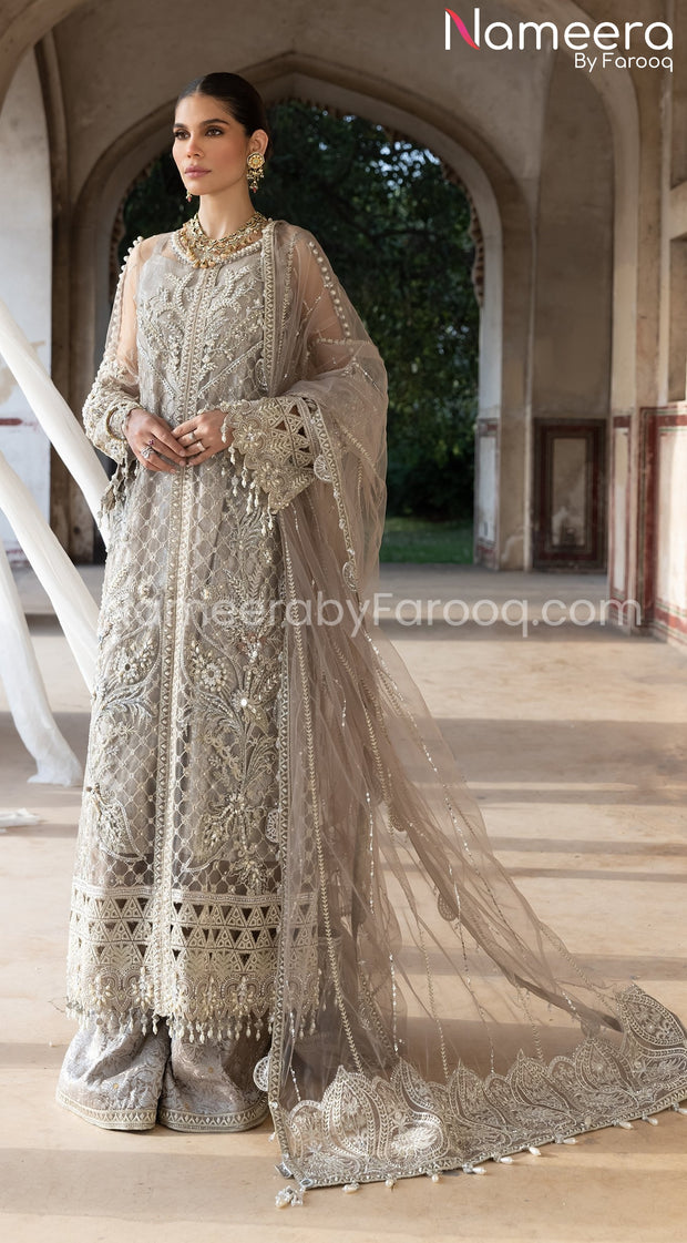 Pakistani Long Dress with Sharara in Grey Color Online