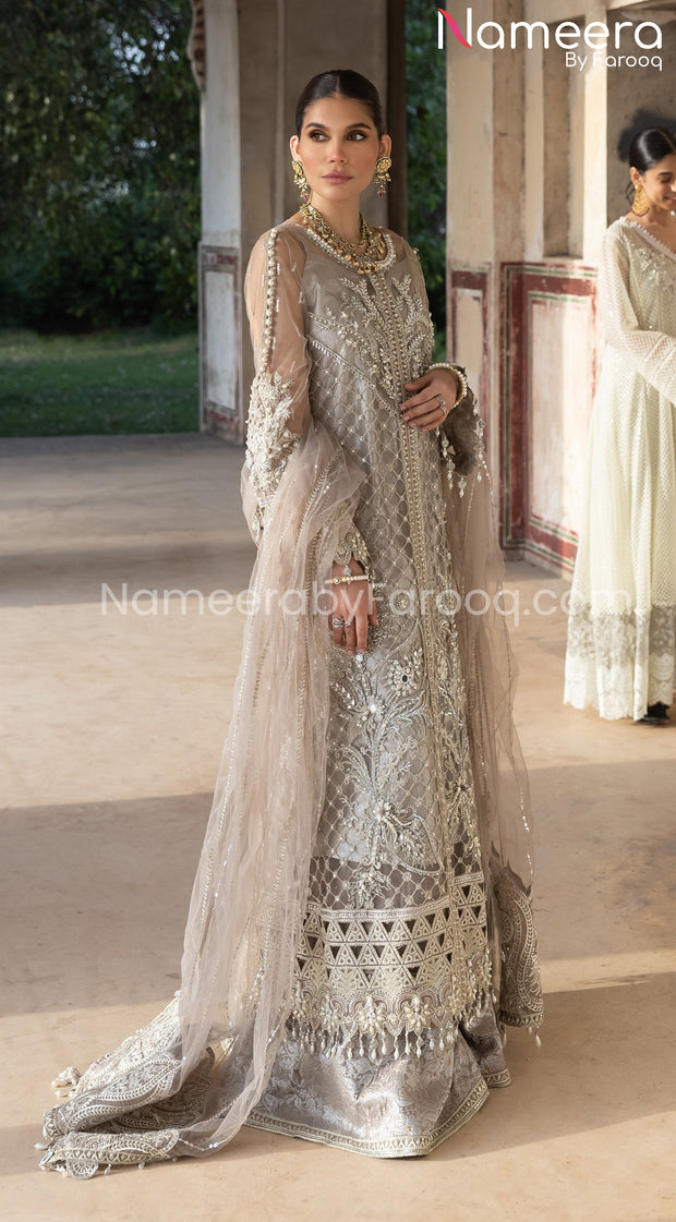Pakistani Long Dress with Sharara in Grey Color