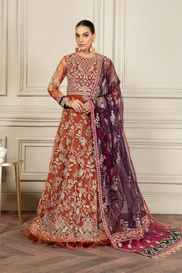 Pakistani Long Frock with Dupatta in Orange Color