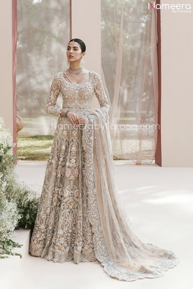 Pakistani Long Gown Dusty Pink Bridal Lehenga for Wedding Wear SMALL Pakistani Long Gown Dusty Pink Bridal Lehenga for Wedding Wear SMALL