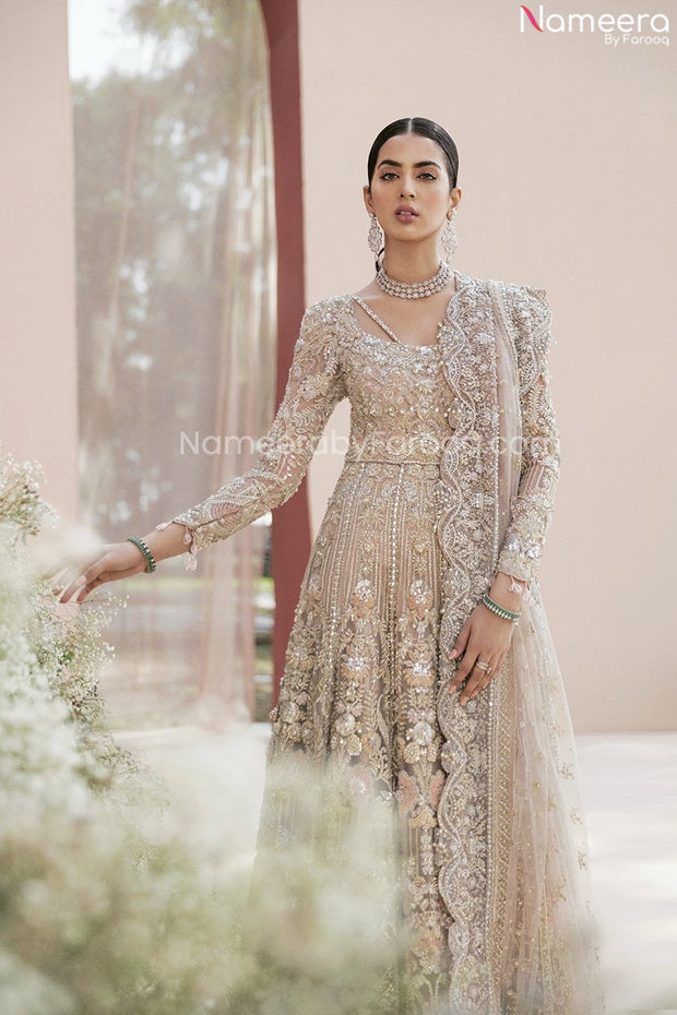 Pakistani Long Gown Dusty Pink Bridal Lehnga
