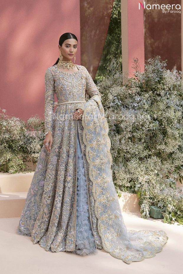 Pakistani Long Gown Powder Blue Bridal Lehenga 2022