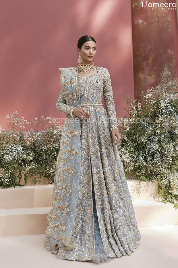 Pakistani Long Gown Powder Blue Bridal Lehenga