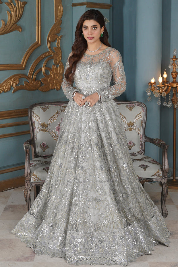 Pakistani Long Gown and Dupatta Dress for Bride in Silver