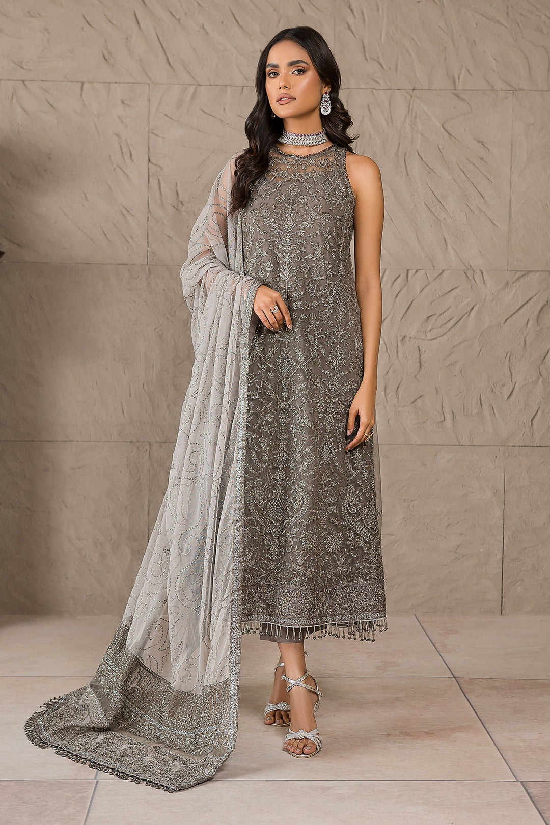 Pakistani Long Kameez and Capri Party Wear in Greyish Black 2023